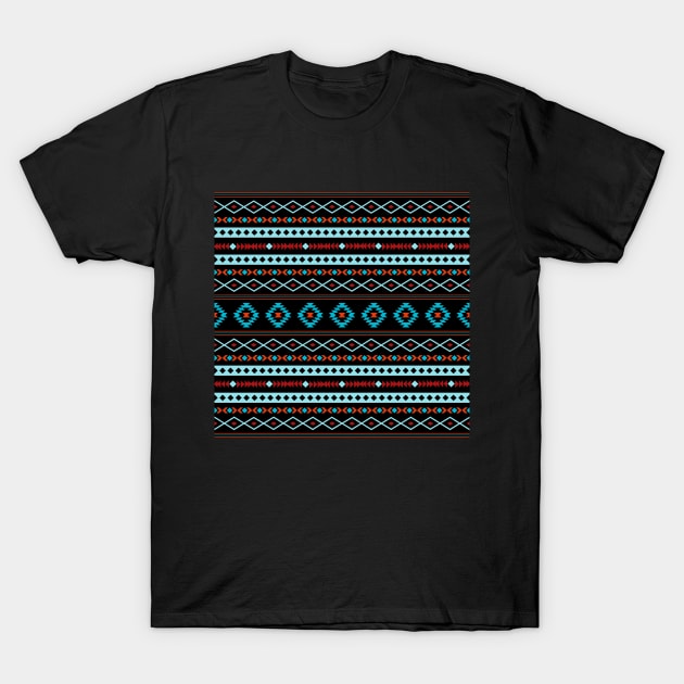 Aztec Blues Reds Black Mixed Motifs Pattern T-Shirt by NataliePaskell